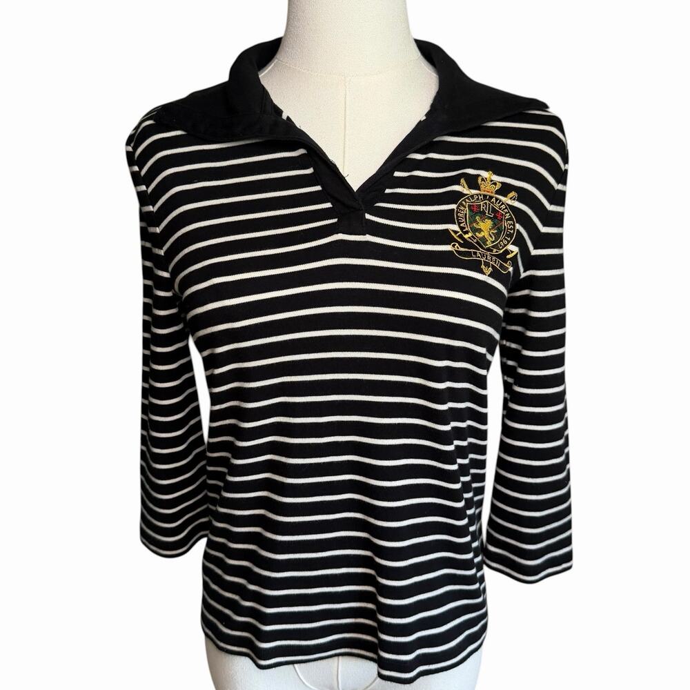 Lauren Ralph Lauren B&W Striped Polo 3/4 Sleeve Logo Crest Women’s Petite Small